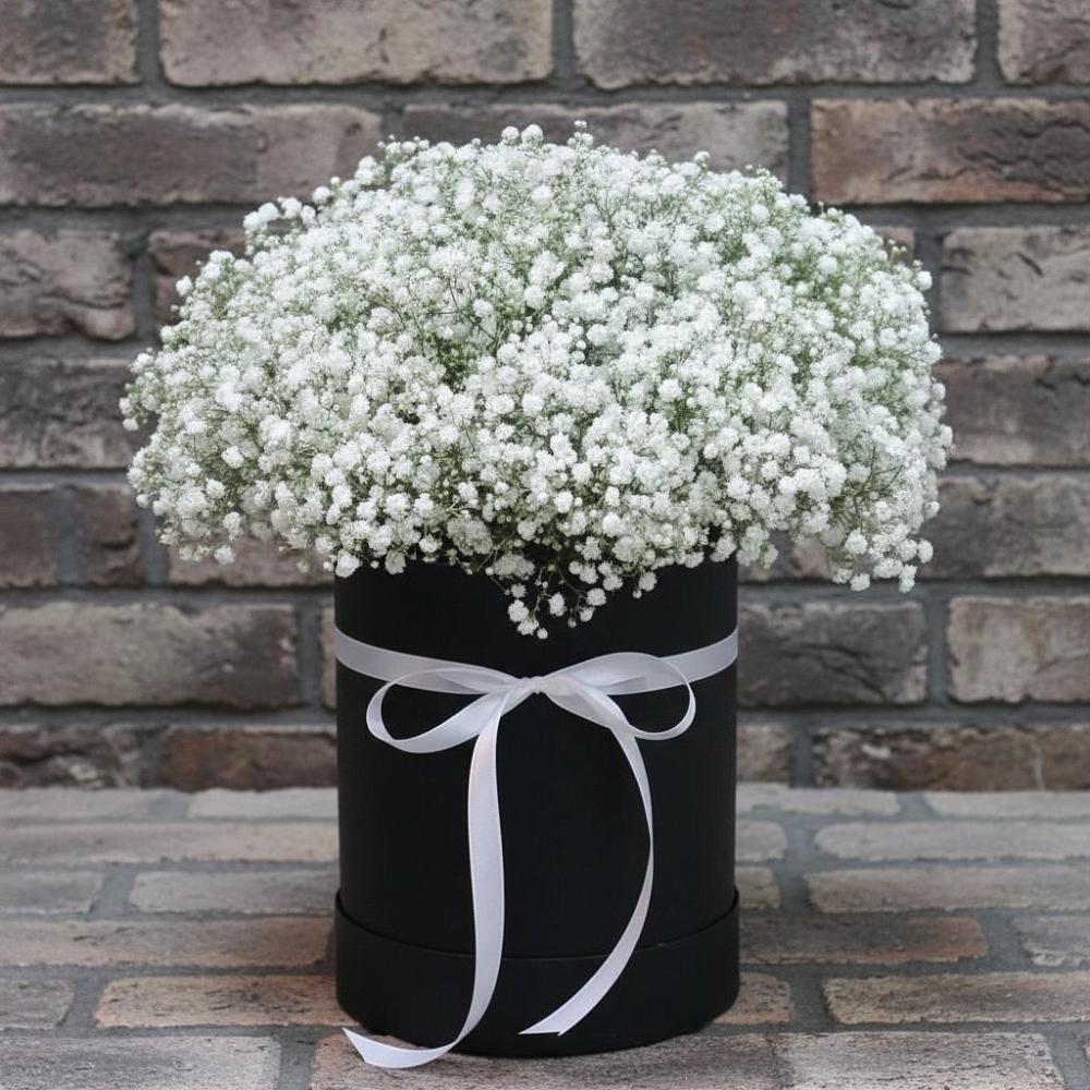 Цветочная композиция из Гипсофила в шляпной коробке в Усолье-Сибирское